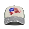 Close-up of distressed brim with worn edges and American flag print on baseball cap - Adjustable / Gray