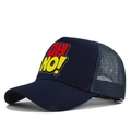 Detail view of navy trucker hat featuring breathable mesh and OH NO! graphic print - Adjustable / Navy Blue