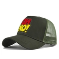 Detail view of deep green trucker hat with OH NO! print and breathable mesh fabric - Adjustable / Army Green