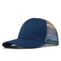 Detail of navy blue baseball cap with rainbow mesh back and curved brim for breathability - Rainbow Stripe Navy Mesh Hat (CL786-2)