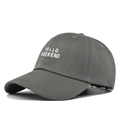Detailed view of high-quality white HELLO WEEKEND embroidery on grey baseball cap - Gray