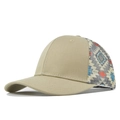 Detail of khaki canvas baseball cap with grey geometric pattern mesh and neat stitching - Ethnic Print Khaki Mesh Hat (CL786-3)