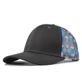 Detail view of black canvas baseball cap with blue mesh and red triangle pattern - Triangle Print Dark Gray Mesh Hat (CL786-4)