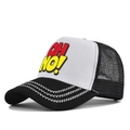 Detail of a black and white trucker hat featuring OH NO! print and zigzag stitching on brim - Adjustable / Black & White