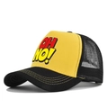 Detail of yellow and black mesh trucker hat with OH NO! print and double-row stitching - Adjustable / Black Yellow