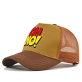 Detail of breathable brown mesh and vibrant cartoon OH NO print on a mesh trucker hat - Adjustable / Caramel color