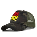 Close-up of camouflage trucker hat with red OH NO! embroidery and green mesh - Adjustable / Grey Camouflage