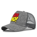 Detailed view of gray mesh trucker hat featuring red and yellow OH NO! print design - Adjustable / Marl Grey