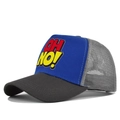 Detail of blue and gray trucker hat featuring OH NO! silk screen print on mesh panels - Adjustable / Dark Grey/Blue