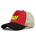 Detail of tricolor mesh baseball cap featuring OH NO! print and contrast stitching - Adjustable / Black and Red