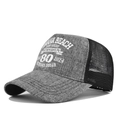 Detail of grey mesh trucker hat with Omaha Beach Normandy 80th anniversary printing - Marl Grey