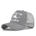 Detail of grey mesh trucker hat with white rodeo horse print and reinforced brim - Adjustable / Light Gray