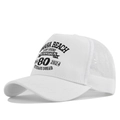 Detail of white mesh trucker cap featuring black Normandy Veterans Squad printed logo - White