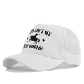 Detail of white trucker hat showing breathable mesh back and Rodeo slogan print - Adjustable / White