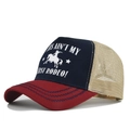 Detail of tricolor trucker hat with mesh back and 'THIS AIN'T MY FIRST RODEO' print - Adjustable / Burgundy & Navy