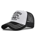 Detail of Normandy Veterans Squad silk screen print on mesh trucker cap with wavy stitching - Black & White