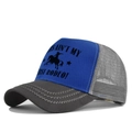 Detail of royal blue trucker hat with rodeo print and breathable grey mesh back - Adjustable / Dark Grey/Blue