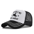Detail of custom printed trucker hat with breathable black mesh and contrast stitching - Adjustable / Black & White
