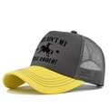 Detail of yellow and grey trucker hat with mesh back and rodeo graphic design - Adjustable / Yellow/Gray