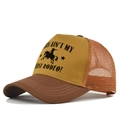 Detail view of American vintage mesh trucker hat with Rodeo embroidery and brown brim - Adjustable / Caramel color