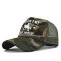 Detail of camouflage trucker hat featuring rodeo graphic and breathable mesh back - Adjustable / Khaki Camouflage