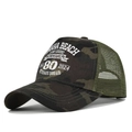 Detail of Normandy 80th anniversary print on camo mesh trucker cap with Omaha Beach text - Grey Camouflage