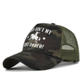 Detail of camouflage trucker hat showing silk screen print and breathable mesh back - Adjustable / Grey Camouflage