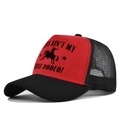 Detail of red and black trucker hat with mesh back and rodeo slogan print - Adjustable / Black and Red Style 2