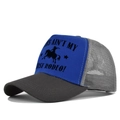 Detail of a mesh trucker hat featuring printed rodeo graphics and breathable panels - Adjustable / Dark Gray and Blue Style 2