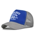 Detail of Omaha Beach D-Day Legend 80th anniversary trucker hat with mesh and wavy stitching - Light Gray/Blue