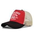 Detail of Normandy 80th anniversary trucker hat featuring red front and beige mesh back - Black and Red