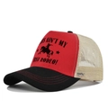 Detail of red and beige trucker hat with vintage rodeo print and breathable mesh - Adjustable / Black and Red Style 3