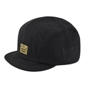 Black 5-panel camping cap with side metal eyelets and a yellow woven patch logo - Black