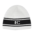 White ribbed knit beanie hat featuring black stripe and AC embroidered logo for winter - White