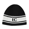 Knitted black beanie featuring a bold white stripe and a central graphic logo design - Black