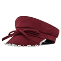 Vintage burgundy newsboy hat with white lace trim and ribbon bow on white background - M / Burgundy