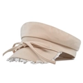 Close-up detail of beige baker boy hat featuring white lace trim and bow ribbon accent - M / Khaki