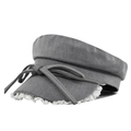 Detail of grey flat top hat featuring white lace trim and a decorative ribbon bow - M (56-58cm) / Gray