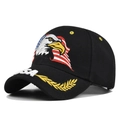 Black cotton baseball cap featuring eagle embroidery and 3D USA text on brim - Black