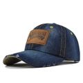 Distressed dark blue denim baseball cap with brown leather patch and yellow contrast stitching - Adjustable / Navy Blue