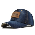 Vintage distressed blue denim baseball cap with brown leather patch and yellow stitching - Adjustable / Navy Blue