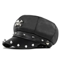 Casquette de marin en cuir PU noir avec insigne tête de mort et clous punk argentés - M (56-58cm) / Noir