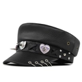 Gorra de marinero en cuero sintético negro con parches de corazón y anillos de plata - M(56-58cm) / Negro Corazón Anillo Gorra Marinero