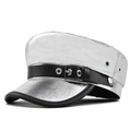 Detail of silver metallic flat top military cap with black faux leather strap and buckle - M (56-58cm) / Silver