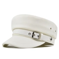 White PU leather navy captain hat with silver metal buckle and textured finish for unisex - M (56-58cm) / White