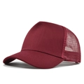 Detailweergave van donkerrode trucker hat met gaasrug en keperstof van de zijkant - Bordeauxrood