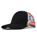 Classic black baseball cap with vibrant orange and blue geometric mesh back panels - Geometric Ethnic Print Black Mesh Hat (CL786-1)