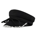 Black cotton flat top baker boy hat featuring white lace trim and a sweet bow detail - M / Black