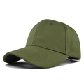 Detail of olive green six-panel cotton baseball cap showing side profile and curved brim - Army Green