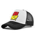 Black and white mesh trucker hat featuring red and yellow OH NO! print for unisex wear - Adjustable / Black & White